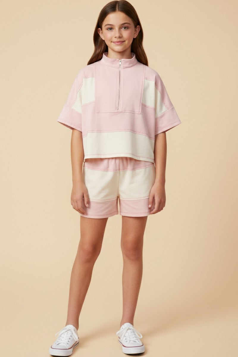 Girls Color Block Stripe Half Zip Knit Top