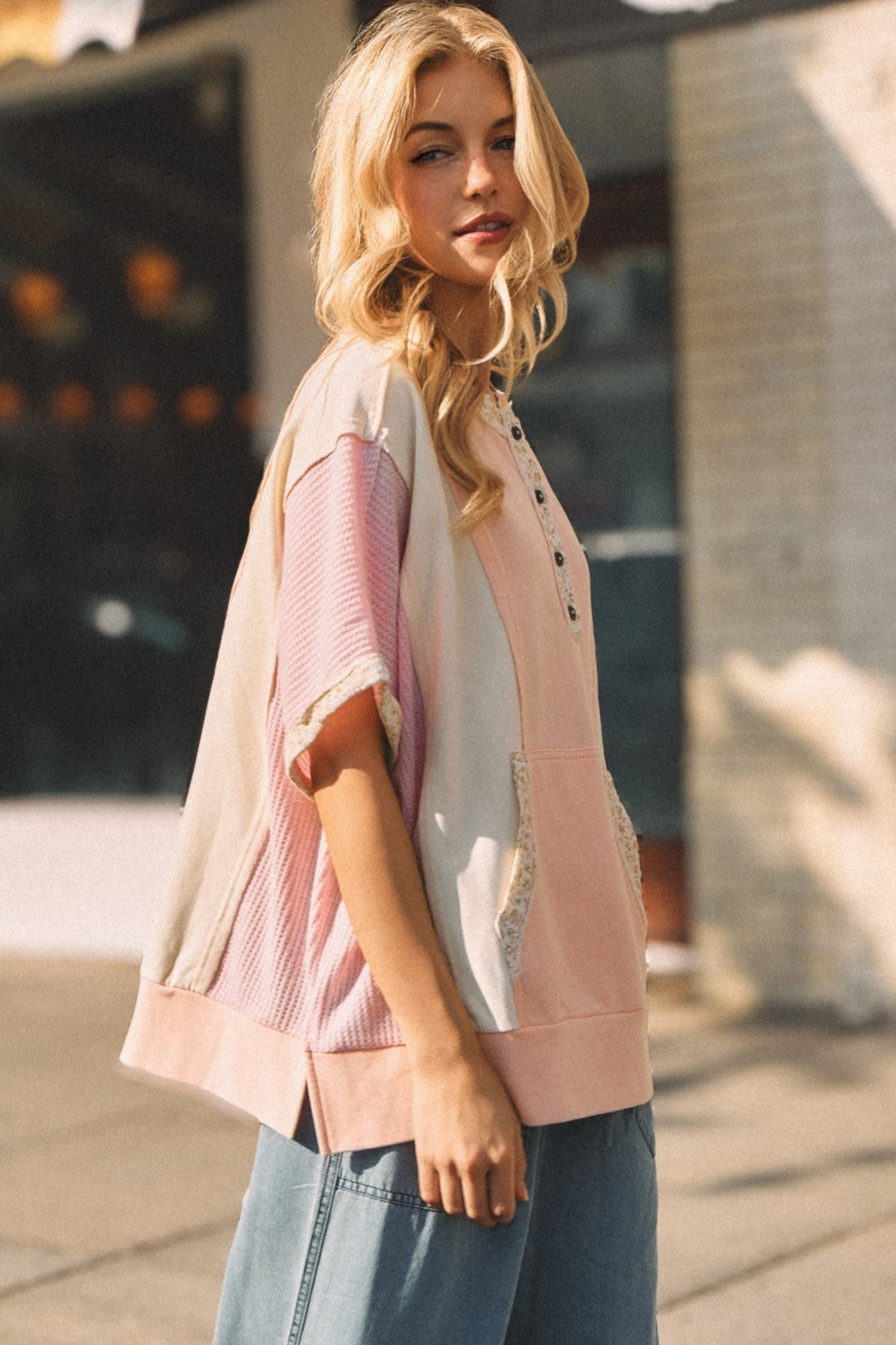 Colorblock Floral Trim Henley Pullover