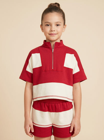 Girls Color Block Stripe Half Zip Knit Top
