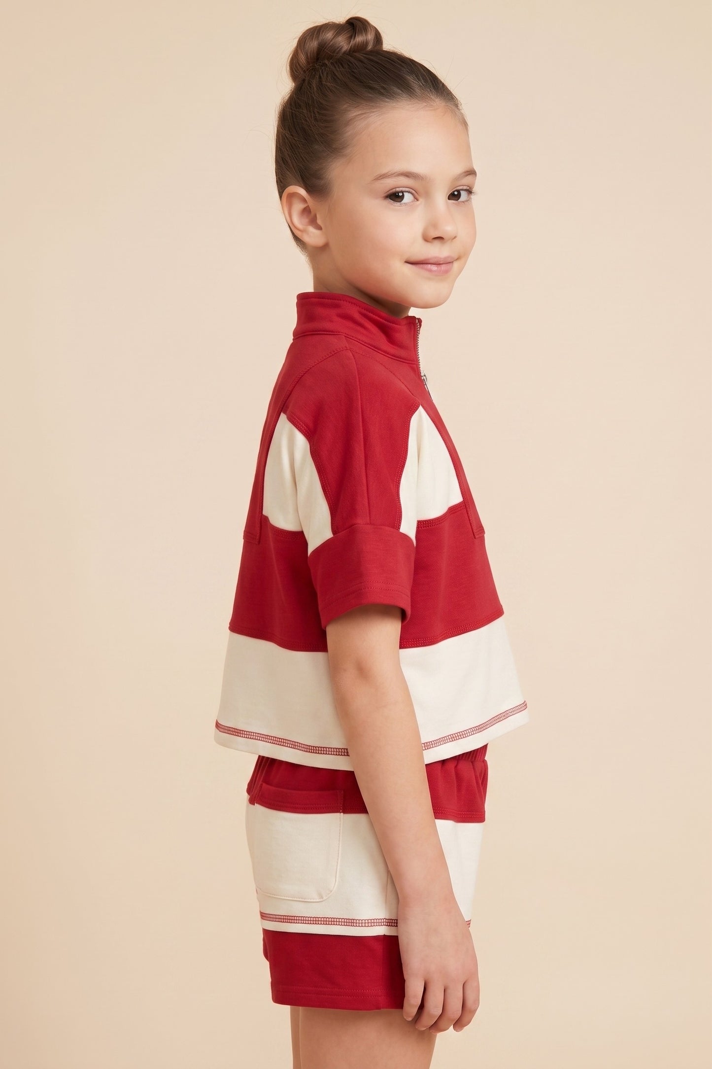 Girls Color Block Stripe Half Zip Knit Top
