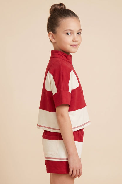 Girls Color Block Stripe Half Zip Knit Top
