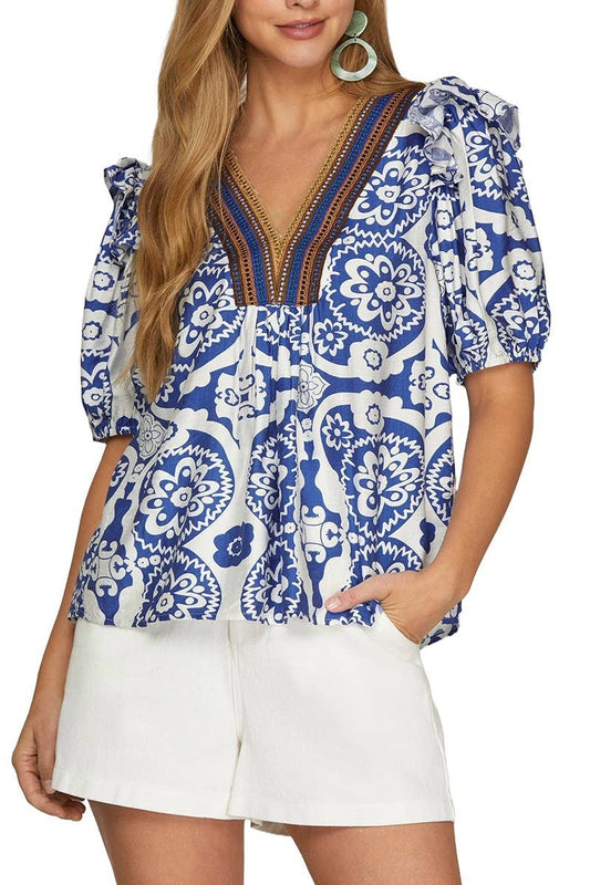 Colored Patch Woven Print Top