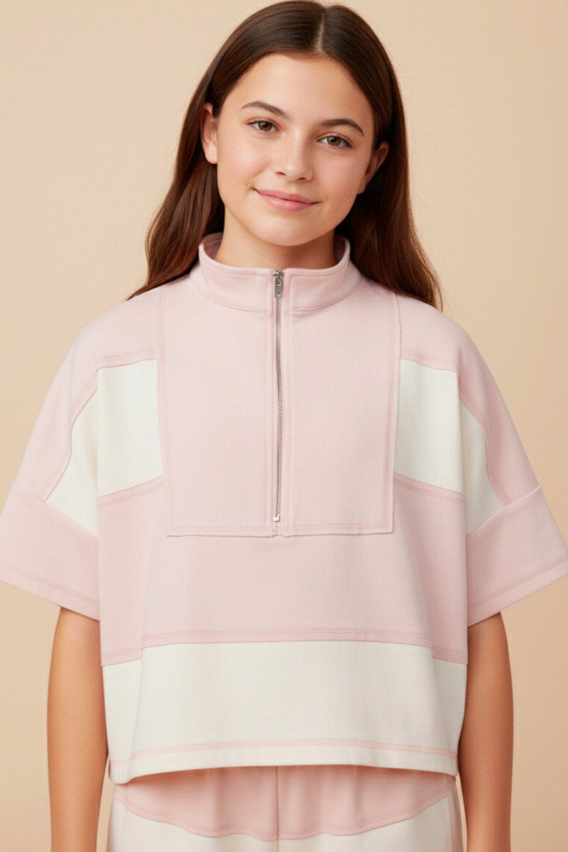 Girls Color Block Stripe Half Zip Knit Top