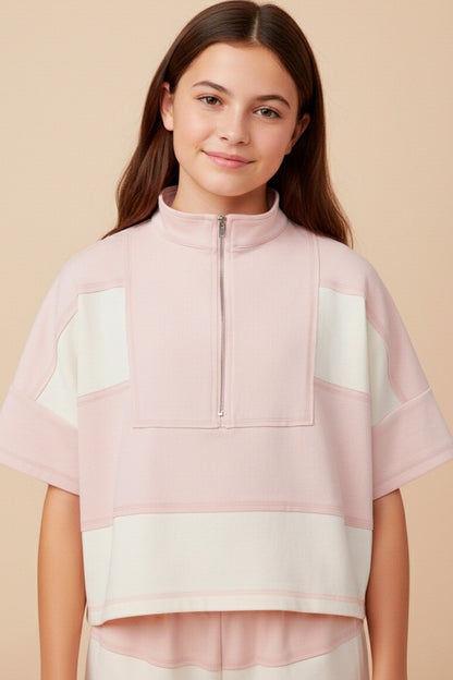 Girls Color Block Stripe Half Zip Knit Top