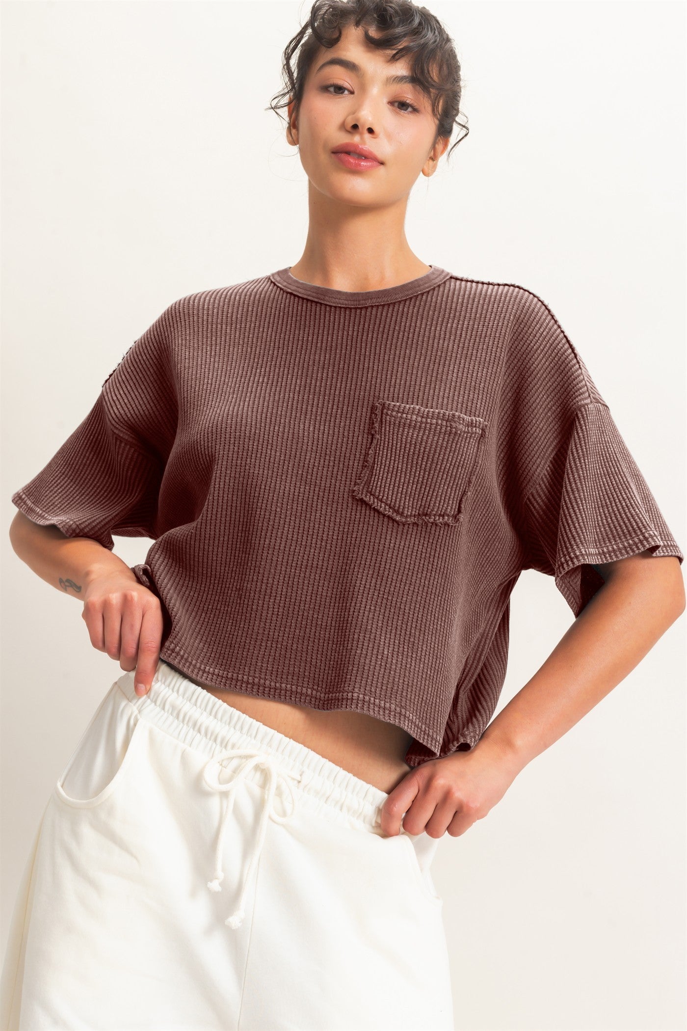 Mineral Wash Waffle Knit Pocket Top