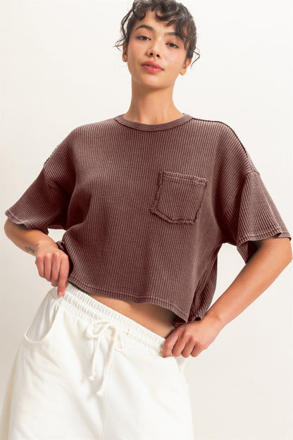 Mineral Wash Waffle Knit Pocket Top