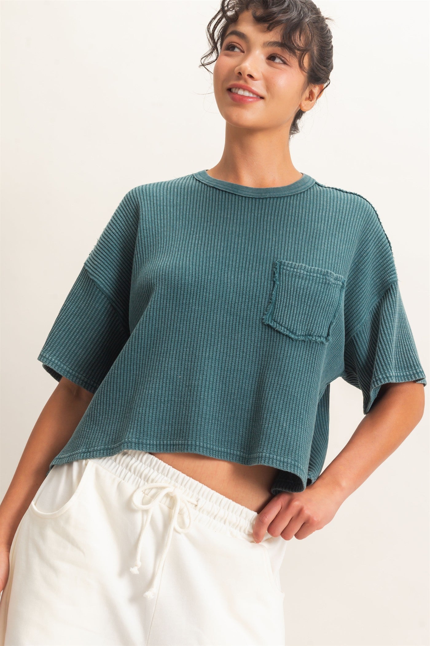 Mineral Wash Waffle Knit Pocket Top