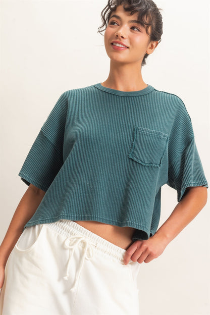 Mineral Wash Waffle Knit Pocket Top