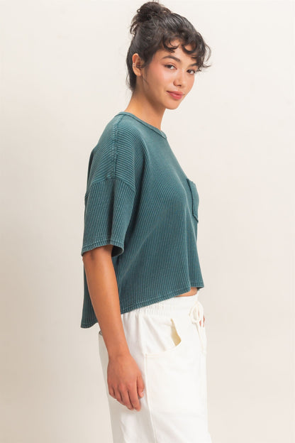 Mineral Wash Waffle Knit Pocket Top