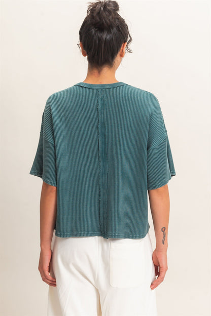 Mineral Wash Waffle Knit Pocket Top