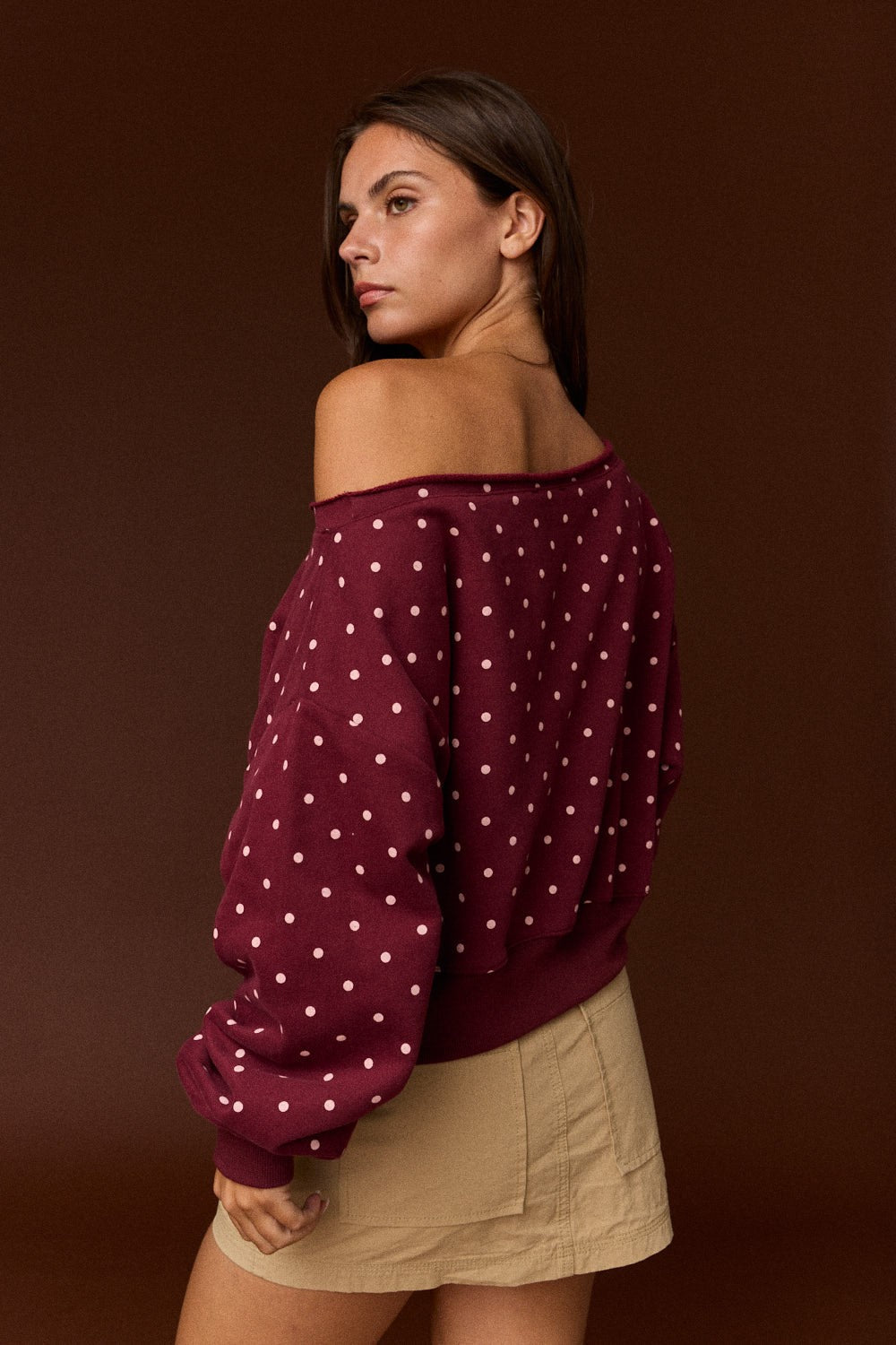 Polka Dot Off Shoulder Sweatshirt Relaxed Fit