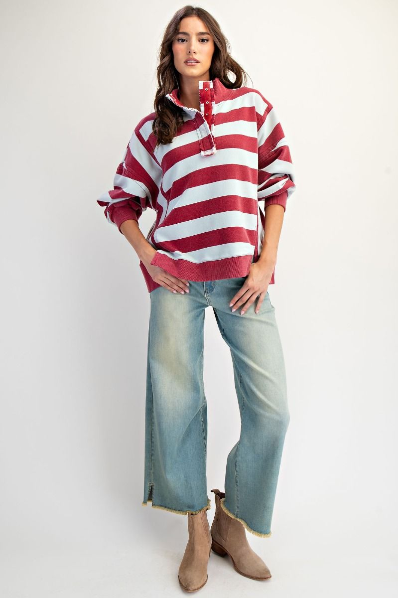 Long Sleeve Rugby Stripe Mineral Washed Pullover