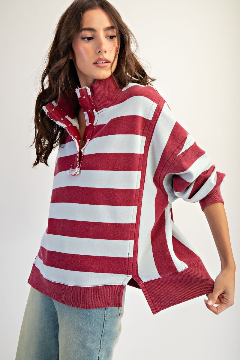 Long Sleeve Rugby Stripe Mineral Washed Pullover
