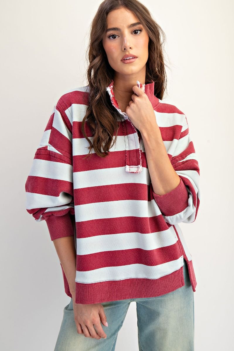 Long Sleeve Rugby Stripe Mineral Washed Pullover