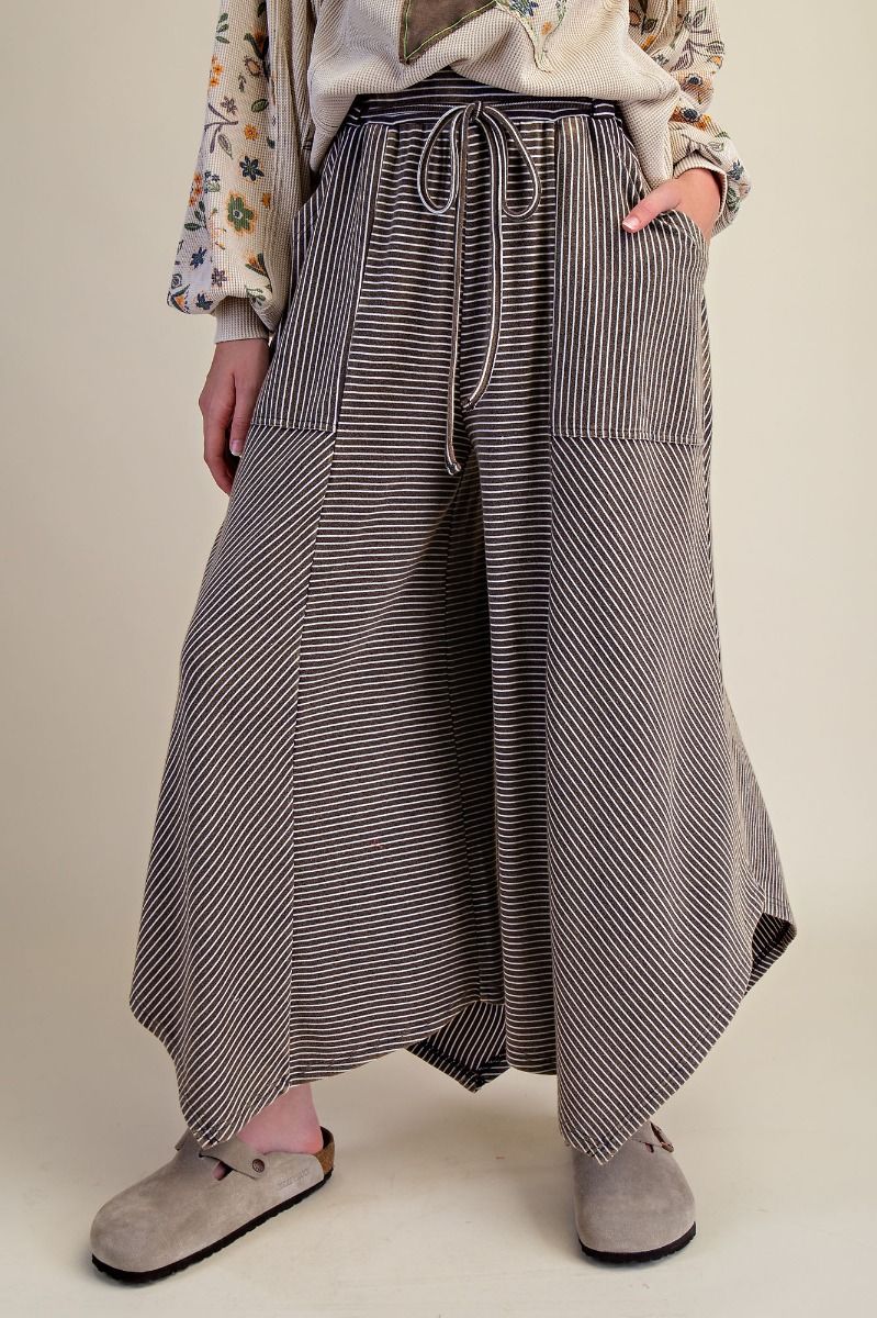 Striped Mineral Washed Cotton Palazzo Pants