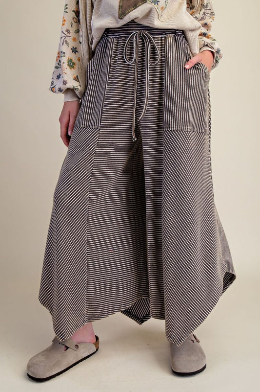 Striped Mineral Washed Cotton Palazzo Pants