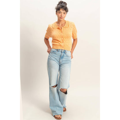 Pointelle Collar Button-Up Puff Sleeve Knit Top