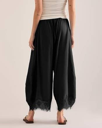Casual Elastic Waist Lace Hem Loose Wide Leg Ankle Pants