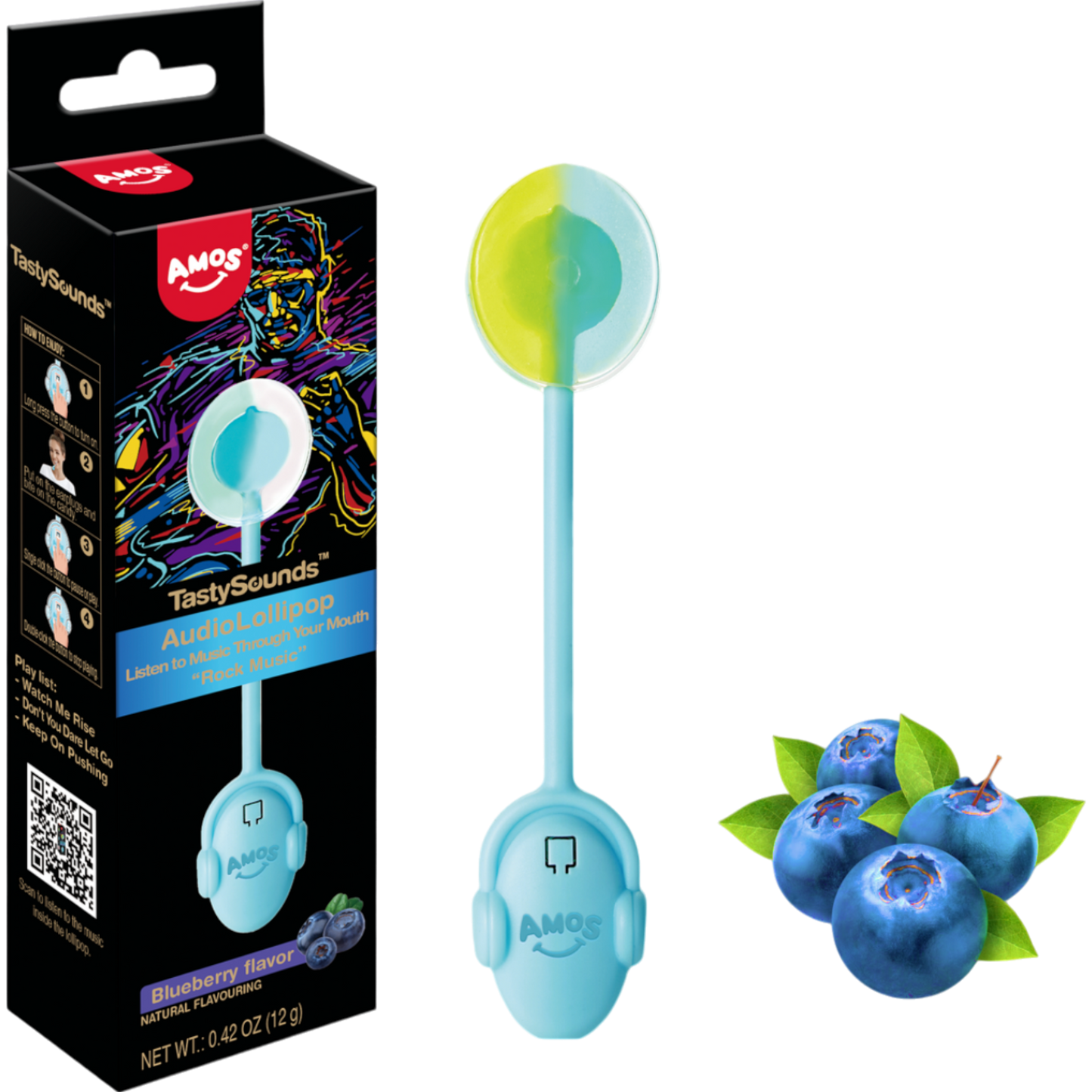 Amos Tasty Sounds Audio Lollipop Blueberry Flavor