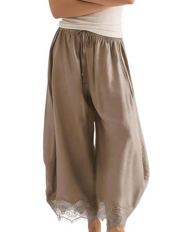Casual Elastic Waist Lace Hem Loose Wide Leg Ankle Pants