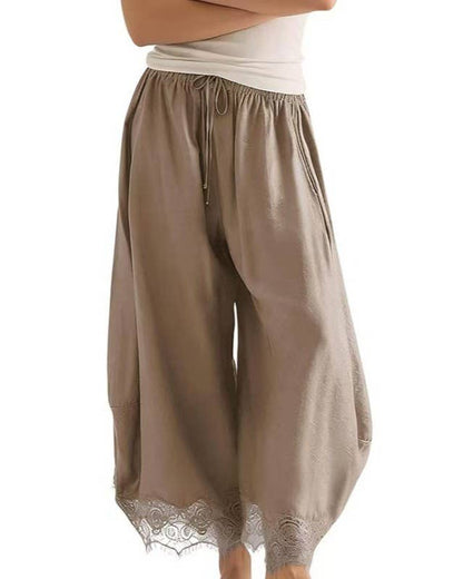 Casual Elastic Waist Lace Hem Loose Wide Leg Ankle Pants