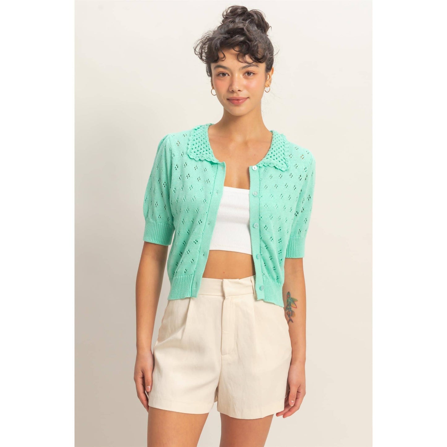 Pointelle Collar Button-Up Puff Sleeve Knit Top
