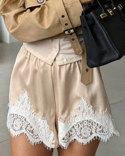 Lace Hem Elastic Waist Solid Loungewear Shorts
