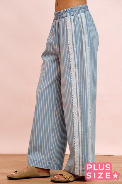 Stripes Lace Contrast Sided Denim Pants