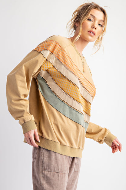 Color Mix Front Washed Terry Knit Pullover