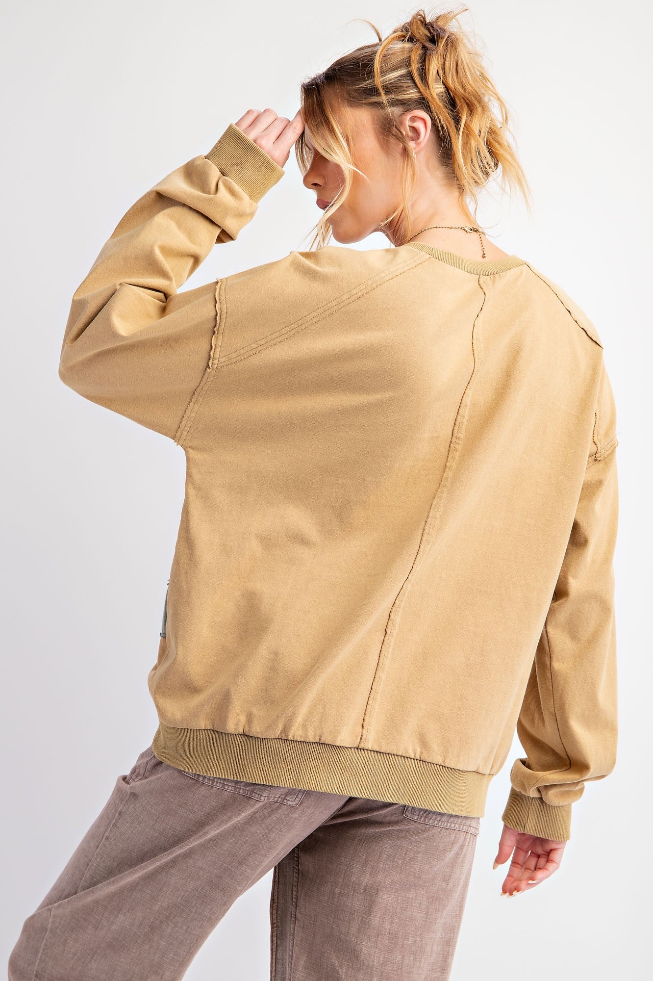 Color Mix Front Washed Terry Knit Pullover