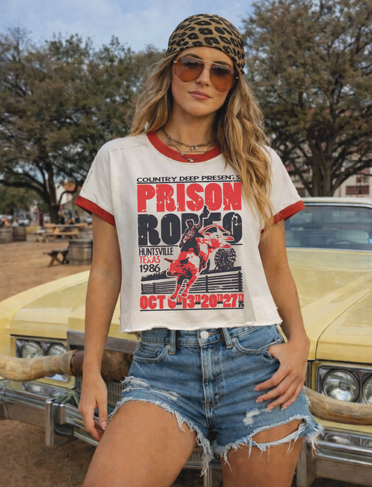 Prison Rodeo Huntsville Texas ringer Relaxed Crop Tee