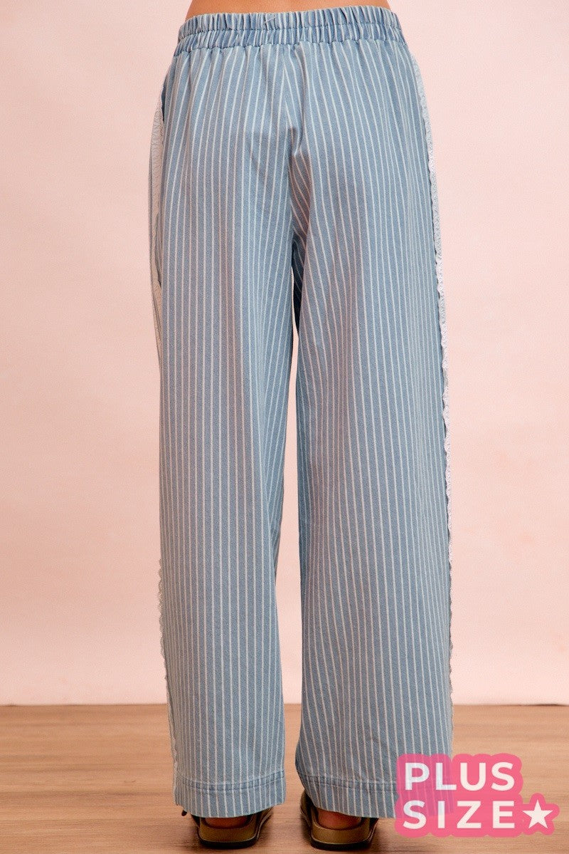 Stripes Lace Contrast Sided Denim Pants