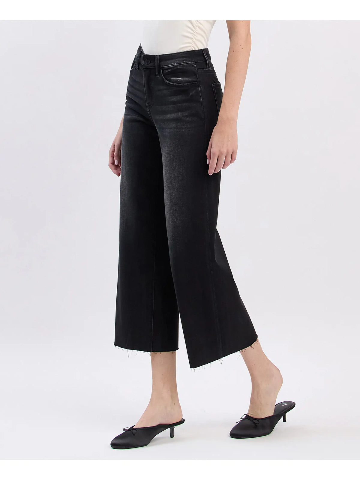 High Rise Clean Cut Raw Hem Crop Slim Wide Jeans
