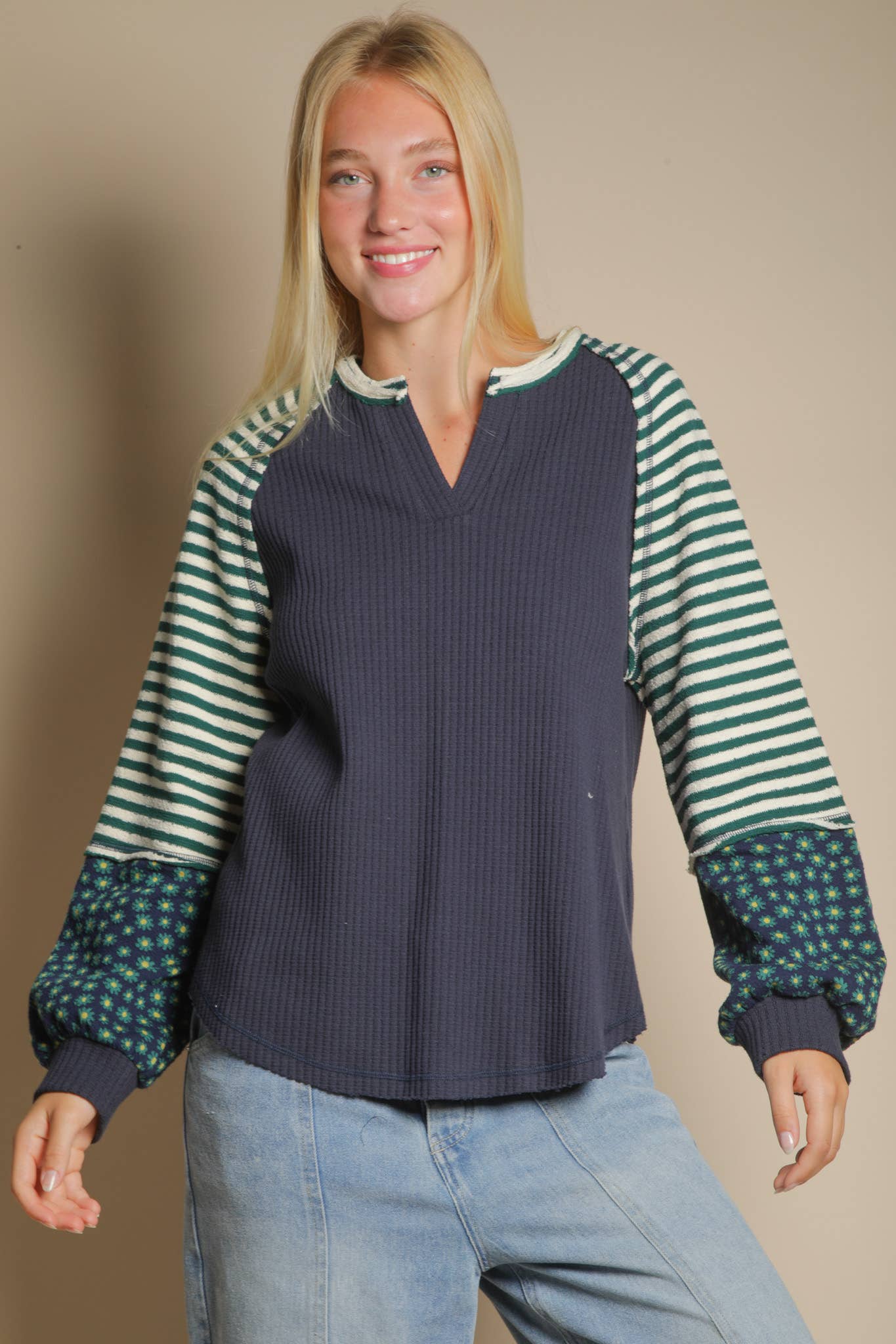 Oversized Floral & Stripe Casual Knit Top