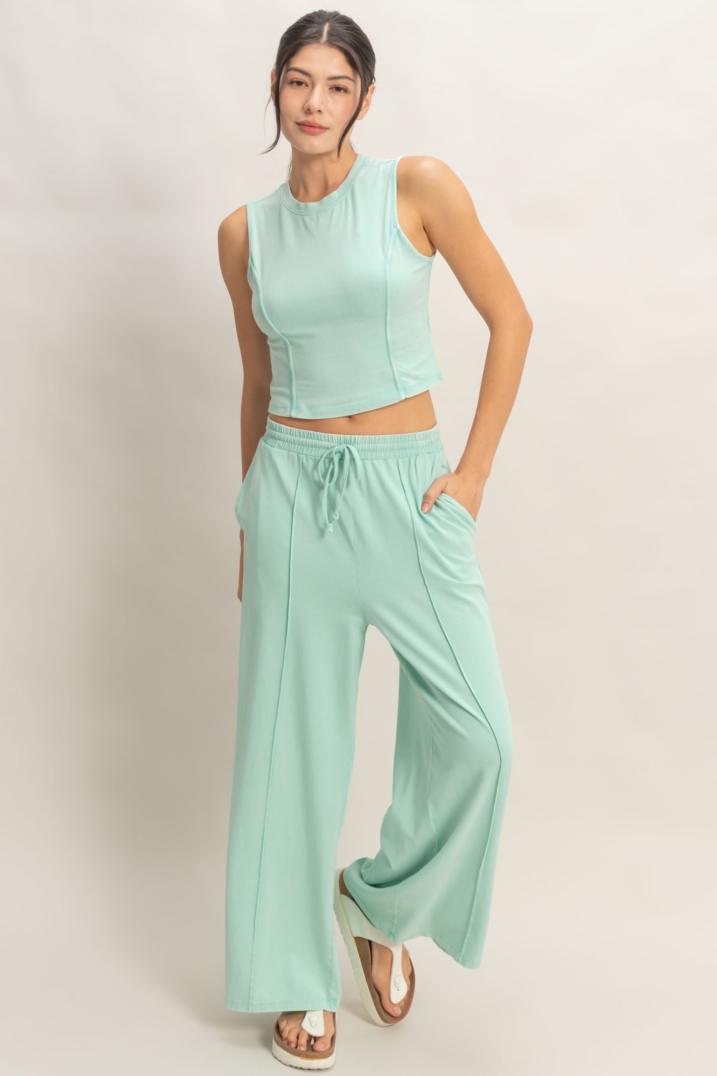 Mineral Washed Sleeveless Top & Wide Leg Pants Set
