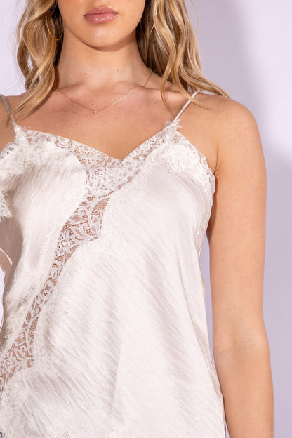 Lace Trim Detailed Asymmetric Hem Cami Satin Top