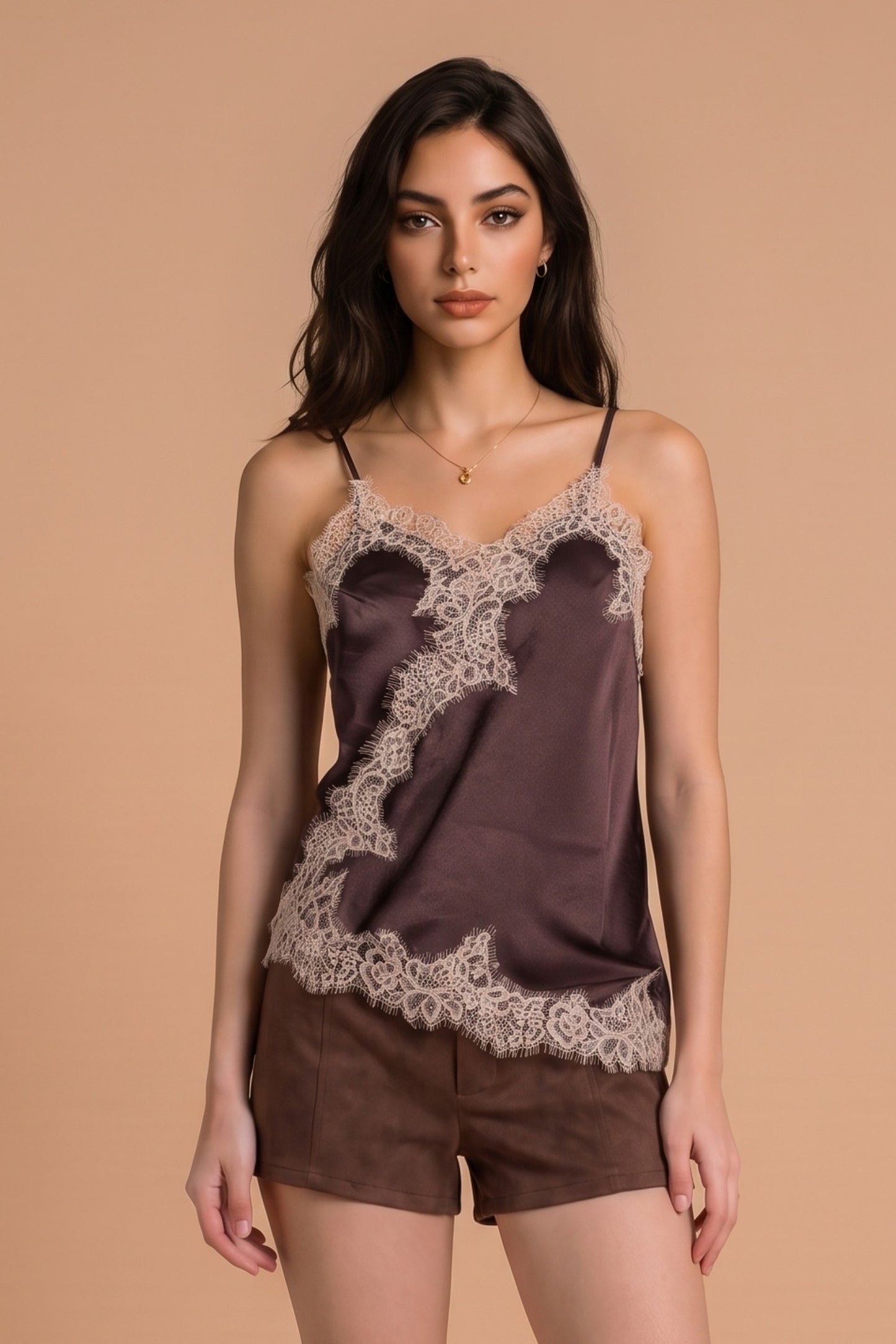 Lace Trim Detailed Asymmetric Hem Cami Satin Top