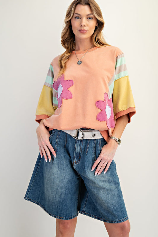 Color Block Flower Patch Terry Knit Pullover