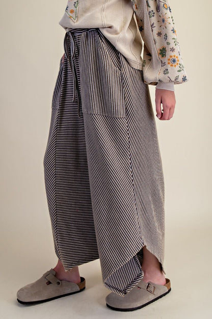 Striped Mineral Washed Cotton Palazzo Pants