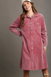 Solid Stone Washed Corduroy Button Down Dress