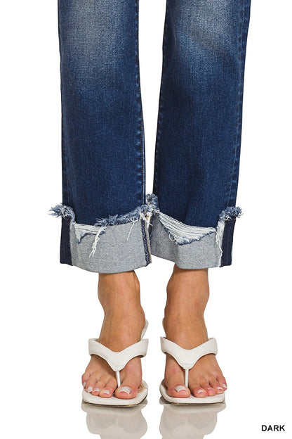 Cuffed Distressed Hem Denim Pants