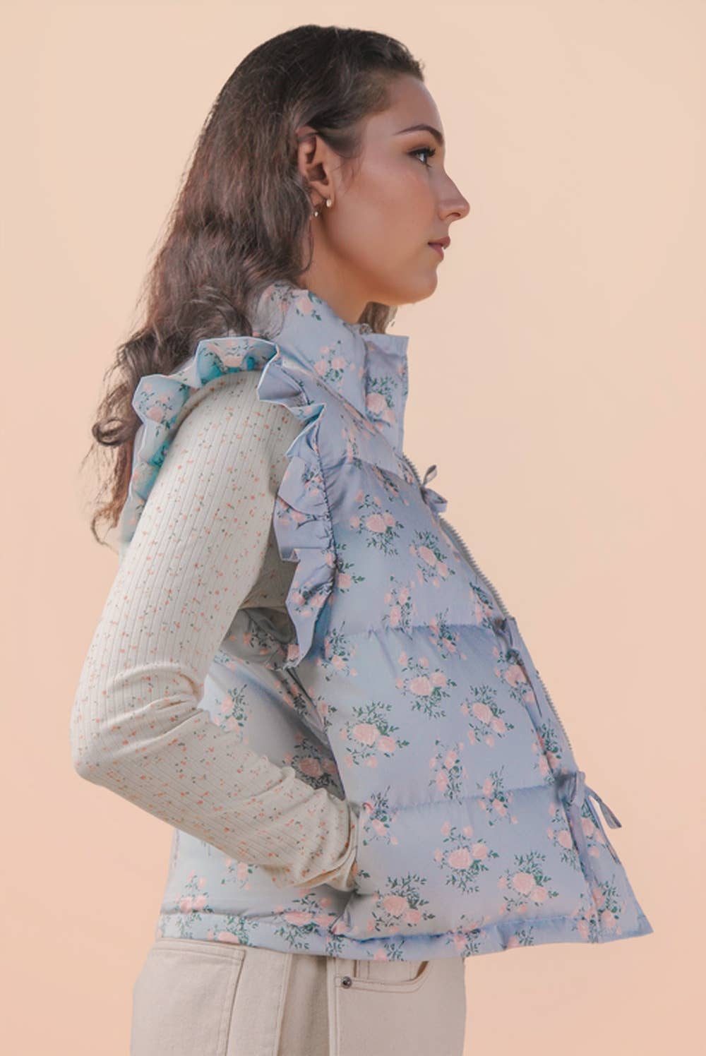 Front Bow Ruffle Sleeve Puffer Vest