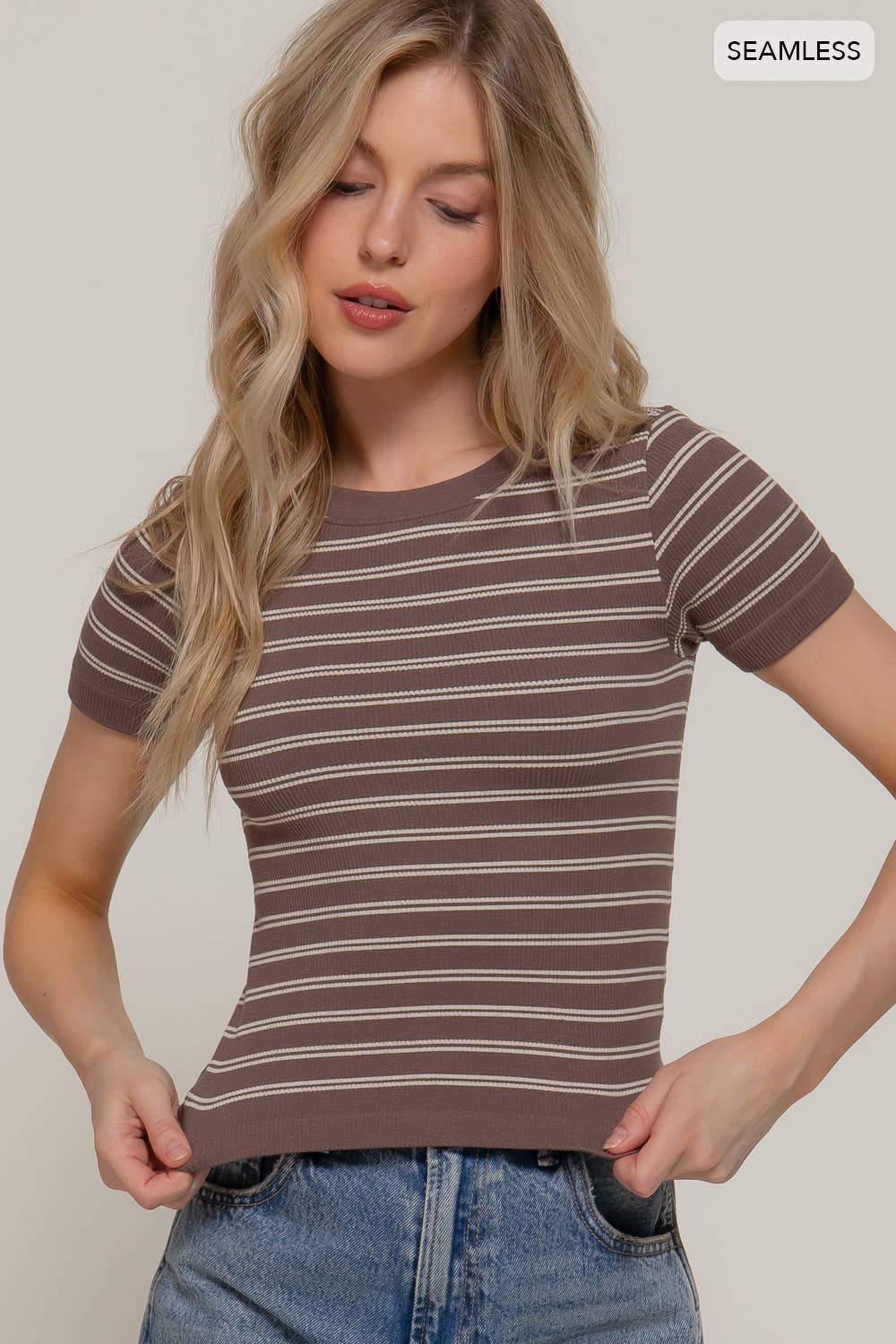 Short Sleeve Crew Neck Striped Seamless Top