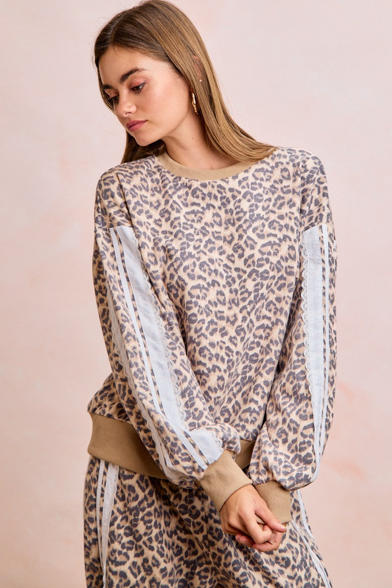 Leopard French Terry Lace Contrast Sweatshirt Top