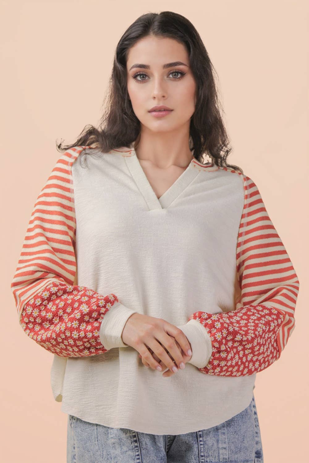 Oversized Floral & Stripe Casual Knit Top