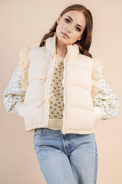 Front Bow Ruffle Sleeve Puffer Vest
