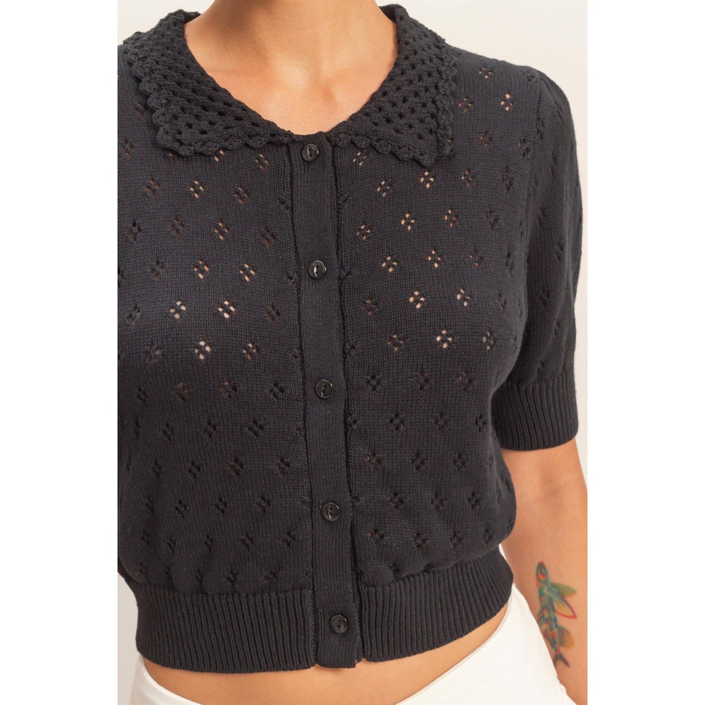Pointelle Collar Button-Up Puff Sleeve Knit Top