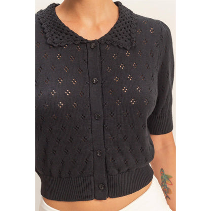 Pointelle Collar Button-Up Puff Sleeve Knit Top