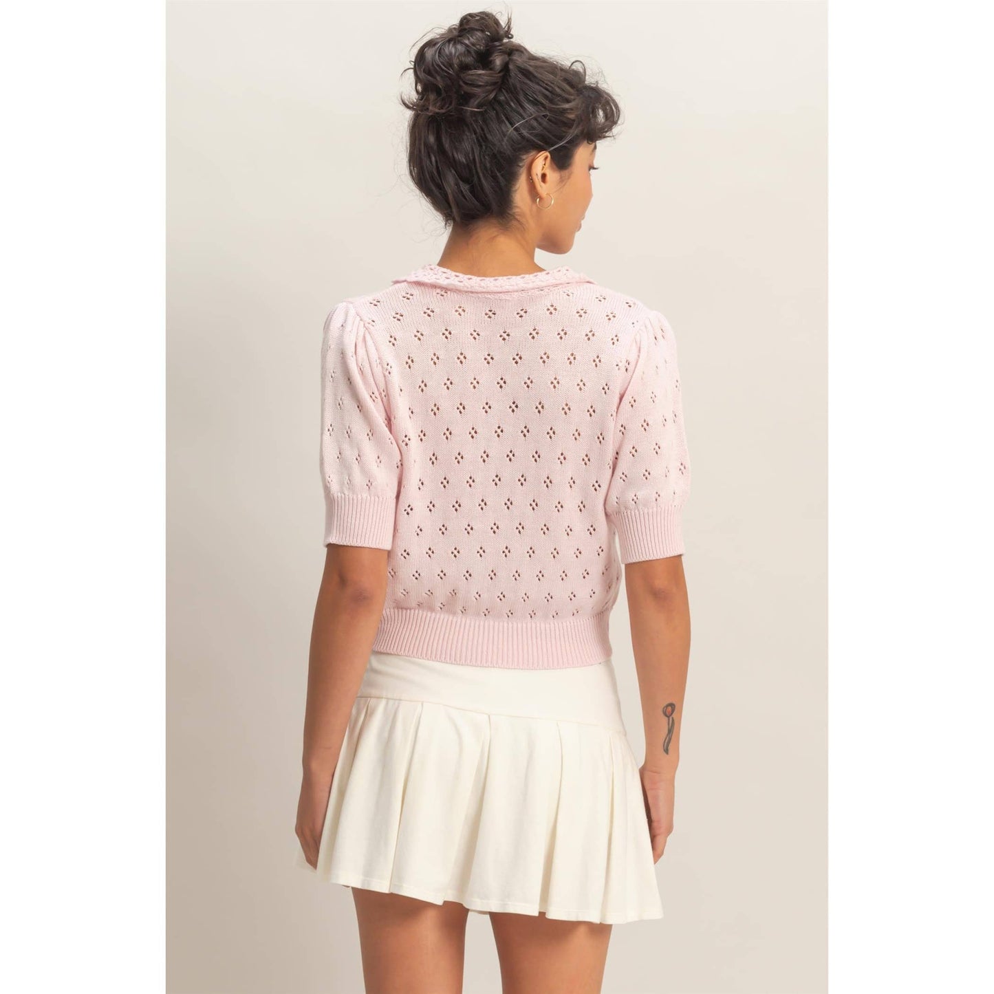 Pointelle Collar Button-Up Puff Sleeve Knit Top