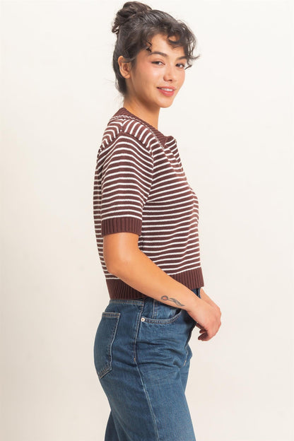 Striped Short Sleeve Collar Knit Top